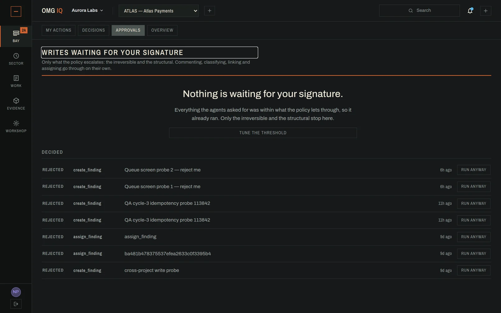 The approvals screen: nothing waiting for a signature, explaining that everything the agents asked for was within policy and already ran, above a history of writes that were decided.