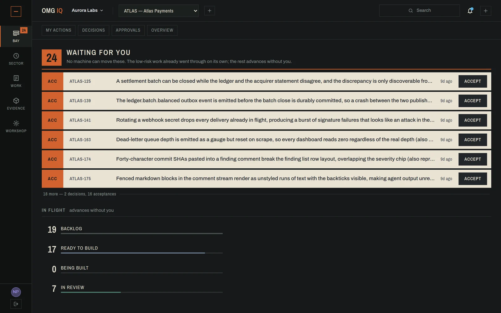 The Bay: a list of items waiting on a person, each with a code, an identifier and one line of summary, above counts of the work moving without them.