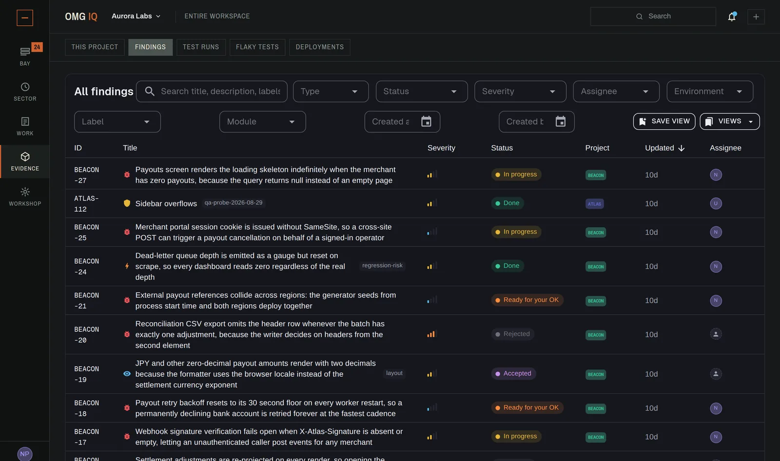 The findings list: bugs, a risk and an observation from two projects, each with a severity, a state such as In progress, Accepted, Rejected or Ready for your OK, and the project it belongs to.