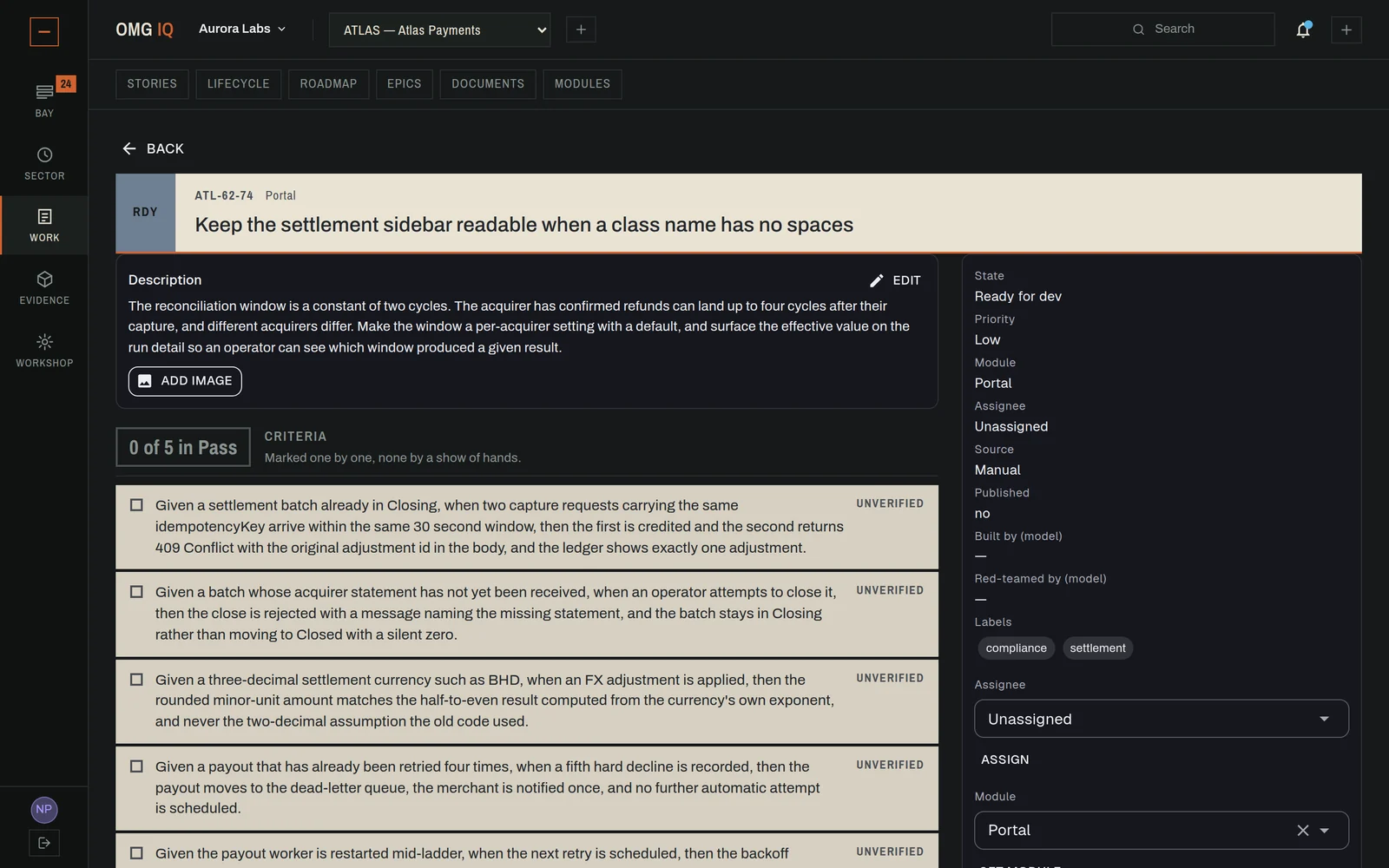 A story record with its description, five acceptance criteria each marked unverified, and a side panel with state, priority, module and labels.